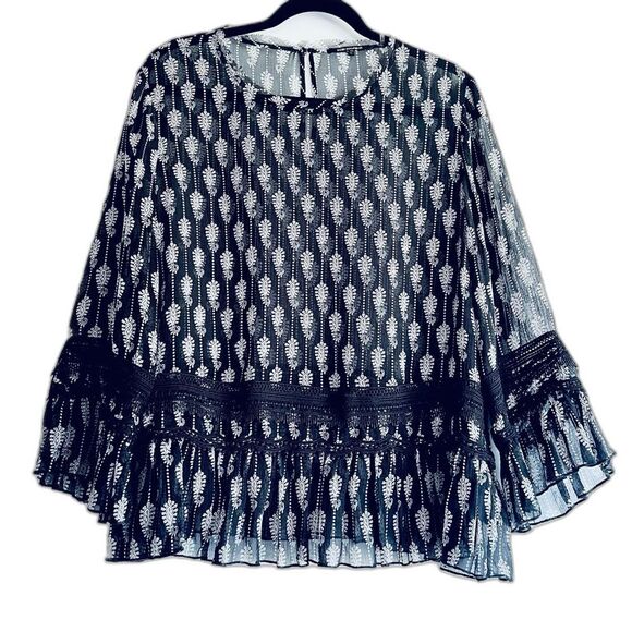 Kobi Halperin Black and Cream Printed Semi Sheer Appliqué Lace Trim Top Medium